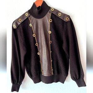 St John Collection Marie Gray Brown Wool & Leather Gold Link Sweater
